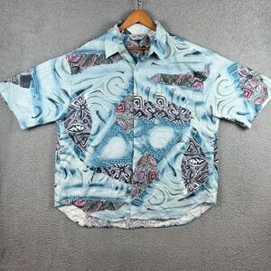 Vintage Da Vinci California Shirt Mens XL Blue Art Allover Print Camp Rayon Poly